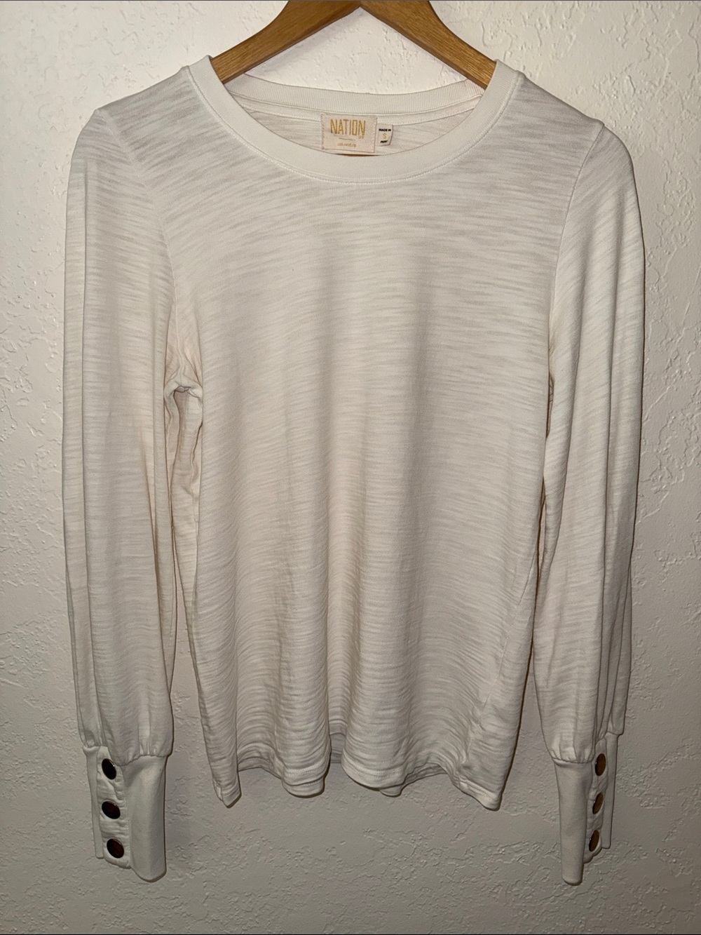 Nation LTD Johnnie Long Sleeve Top Scoop Neck Slub Knit Button Snap Cuff Ivory S
